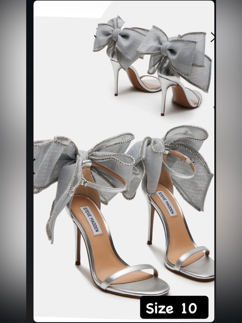 Steve Madden Benni Women’s Silver Bow AnkleStrap Heels w/Crystal Trim Sz 10 NWOB